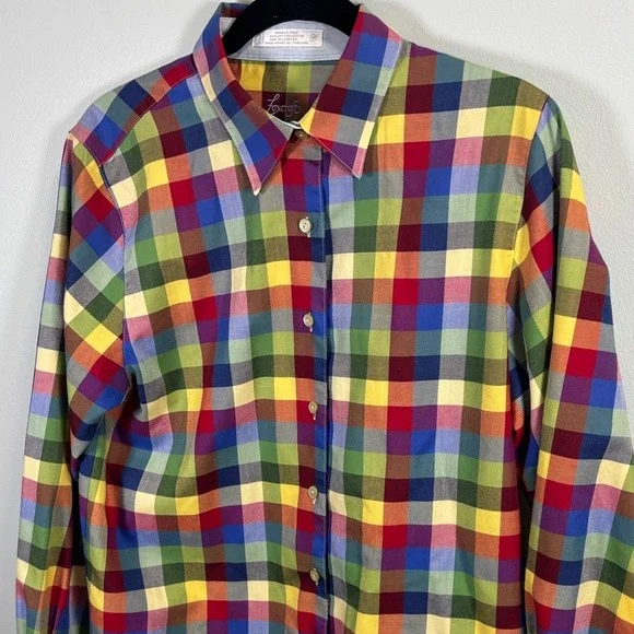 Foxcroft Rainbow Plaid Button Down Shirt Womens 10 Multicolor Wrinkle Free Top - Picture 3 of 8